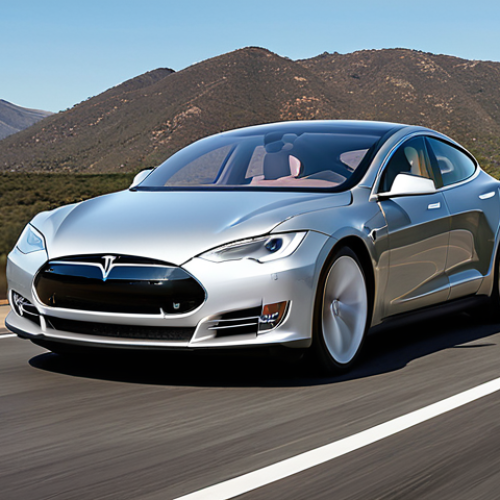 Home 11 A sleek, futuristic Tesla Model S speeding down a highway, showcasing its aerodynamic design and advanced technology. The backdrop features a scenic view, emphasizing the car's long-range capability and the freedom of electric driving. The overall mood should be modern and innovative.