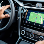 2-inch Google Android Automotive OS screen is visible, with a professional male in a collared shirt engaging with its features. The focus is on the technological differences and cabin ambiance. High-resolution automotive interior photography, well-lit, studio lighting, crisp screen displays, professional composition, perfect anatomy, correct proportions, well-formed hands, proper finger count, natural body proportions, safe for work, appropriate content, fully clothed, professional, modest, family-friendly.