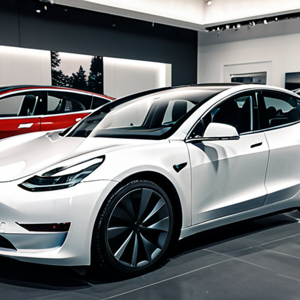 테슬라 모델 3의 최신 트림 옵션 - "A sleek, modern Tesla Model 3 in a showroom, fully clothed individuals admiring the car, profession...