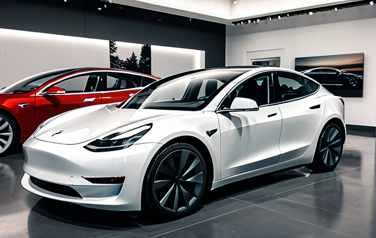 테슬라 모델 3의 최신 트림 옵션 - "A sleek, modern Tesla Model 3 in a showroom, fully clothed individuals admiring the car, profession...