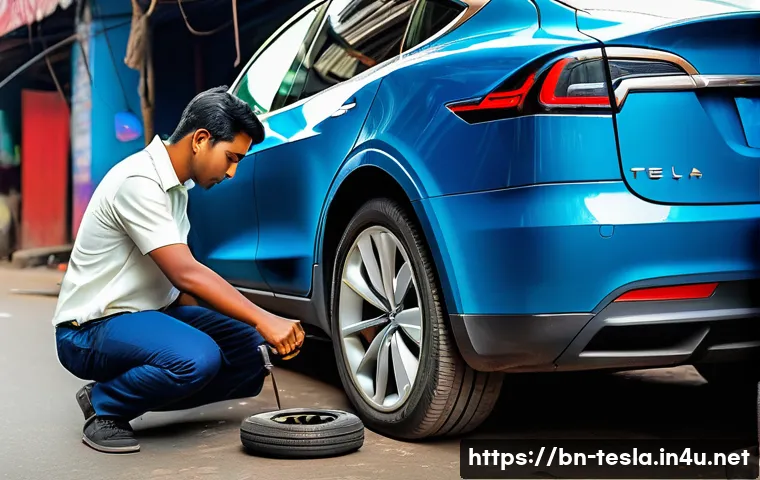 테슬라 전기차의 유지보수 비용 - A sleek Tesla electric car parked on a vibrant city street in Bangladesh, showing close-up details o...