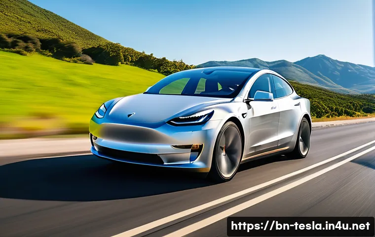 테슬라 전기차의 친환경 기술 - A sleek Tesla electric car driving smoothly on a scenic highway surrounded by lush green nature, sho...