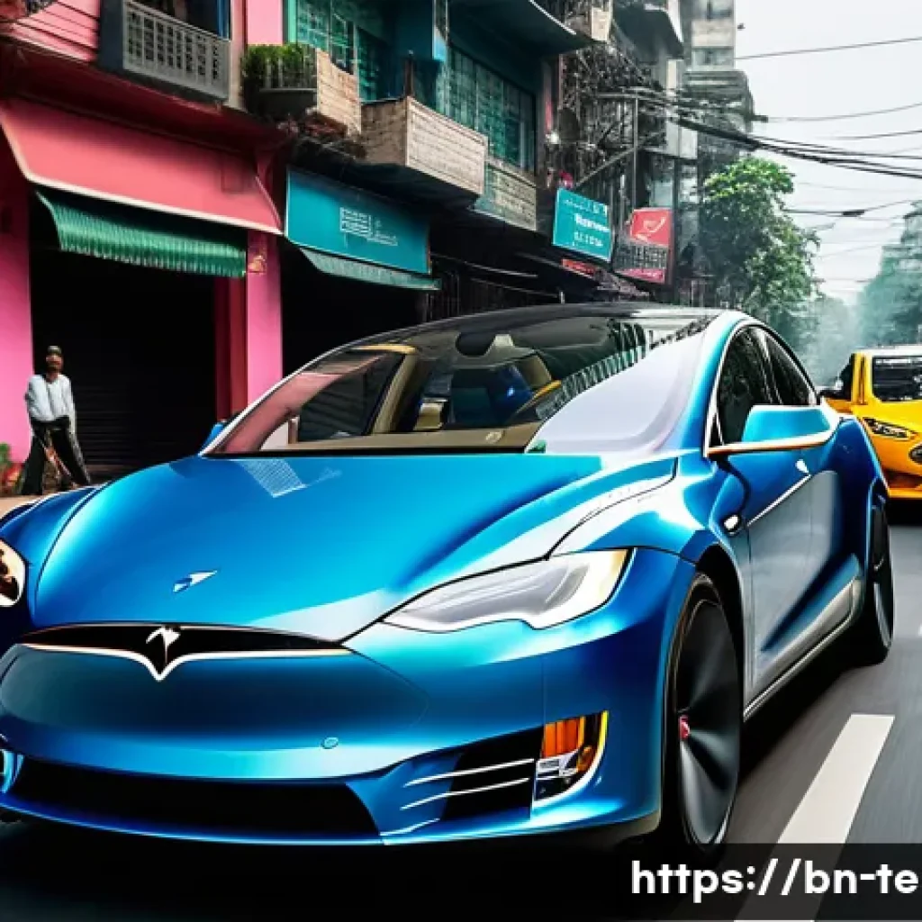 테슬라 차량의 자율주행 기술 발전 - A futuristic Tesla car driving on a busy urban street in Bangladesh, equipped with multiple visible ...