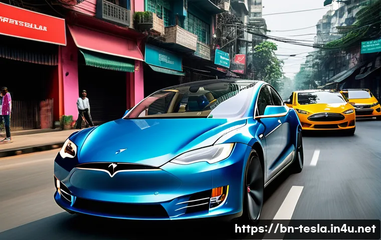 테슬라 차량의 자율주행 기술 발전 - A futuristic Tesla car driving on a busy urban street in Bangladesh, equipped with multiple visible ...