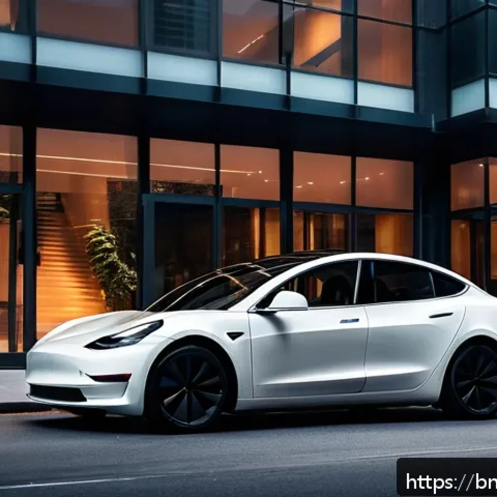 테슬라 모델 3와 현대 아이오닉 6 비교 - A sleek, modern Tesla Model 3 parked in an urban environment during twilight, showcasing minimalist ...