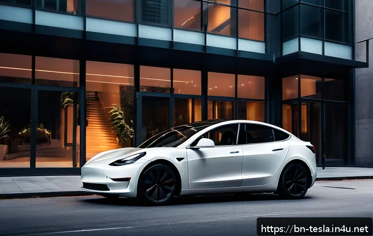 테슬라 모델 3와 현대 아이오닉 6 비교 - A sleek, modern Tesla Model 3 parked in an urban environment during twilight, showcasing minimalist ...