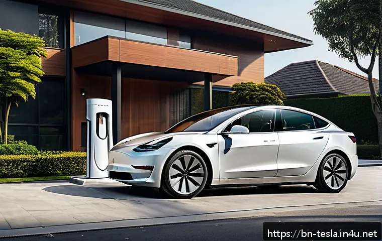 테슬라 모델 3의 보험료 계산법 - A detailed and realistic illustration of a Tesla Model 3 parked in a suburban driveway with advanced...