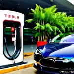 Home 21 테슬라 전기차의 충전소 네트워크 - A modern Tesla Supercharger station located in a bustling urban area of Bangladesh, showcasing sleek...
