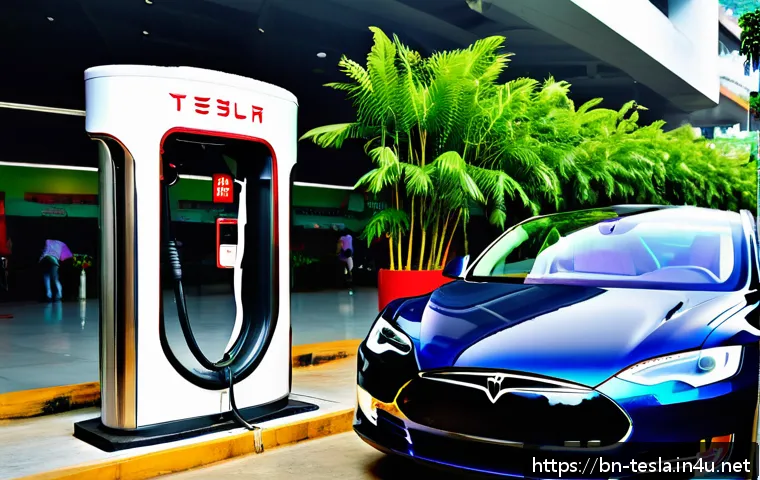 테슬라 전기차의 충전소 네트워크 - A modern Tesla Supercharger station located in a bustling urban area of Bangladesh, showcasing sleek...
