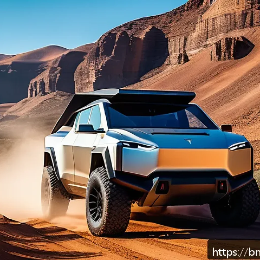 테슬라 사이버트럭과 포드 F 150 라이트닝 비교 - A futuristic Tesla Cybertruck parked on a rugged off-road trail during golden hour, showcasing its a...