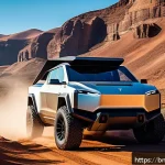 Home 20 테슬라 사이버트럭과 포드 F 150 라이트닝 비교 - A futuristic Tesla Cybertruck parked on a rugged off-road trail during golden hour, showcasing its a...