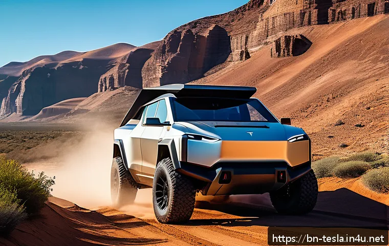 테슬라 사이버트럭과 포드 F 150 라이트닝 비교 - A futuristic Tesla Cybertruck parked on a rugged off-road trail during golden hour, showcasing its a...
