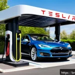 Home 19 테슬라 전기차의 글로벌 시장 판매량 - A sleek Tesla Model S electric car charging at a modern Tesla Supercharger station in a bustling urb...