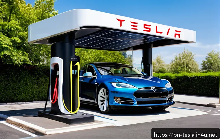 테슬라 전기차의 글로벌 시장 판매량 - A sleek Tesla Model S electric car charging at a modern Tesla Supercharger station in a bustling urb...