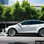 Home 18 테슬라 모델 X의 충전 속도 - A bustling urban setting featuring a sleek Tesla Model X parked at a fast-charging station near a bu...