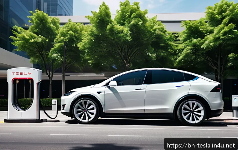 테슬라 모델 X의 충전 속도 - A bustling urban setting featuring a sleek Tesla Model X parked at a fast-charging station near a bu...