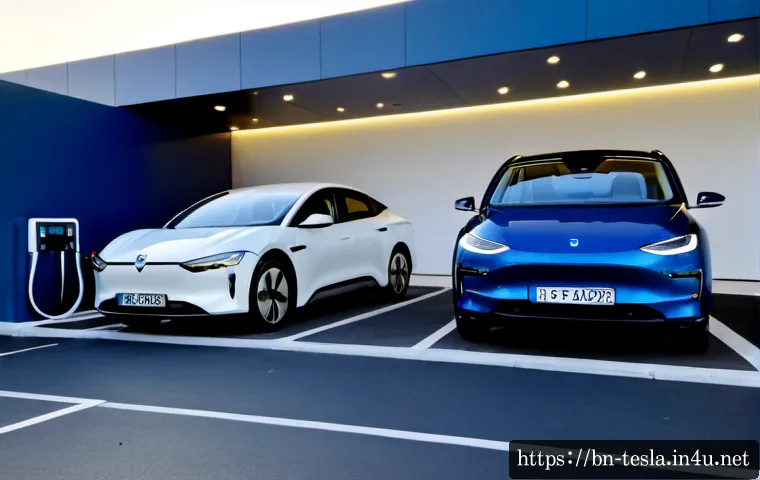 테슬라 전기차와 유럽 전기차 비교 - Photorealistic side-by-side comparison of two premium electric sedans parked at a modern European ch...