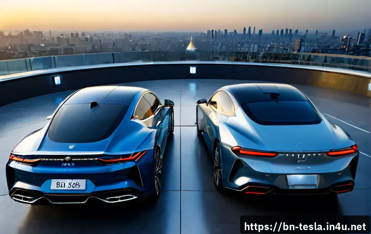 Home 17 테슬라 모델 S와 아우디 e 트론 GT 비교 - Photorealistic side-by-side comparison scene of two premium electric luxury sedans, one sleek stream...